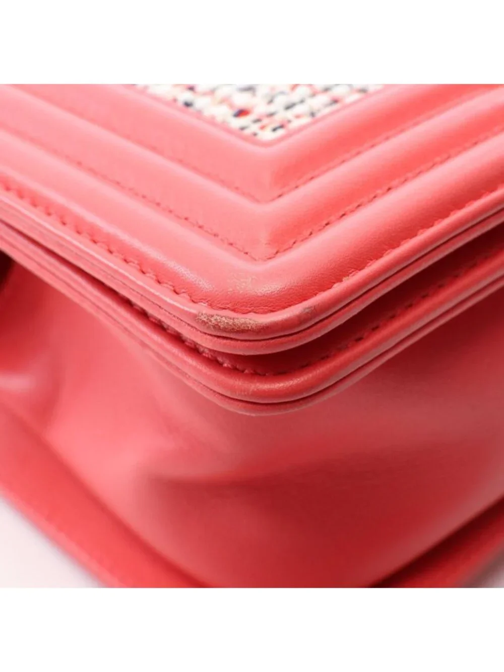 Chanel Shoulder Bag Boy Small Coral Pink White Fabric Leather Boy Stitch Pearl